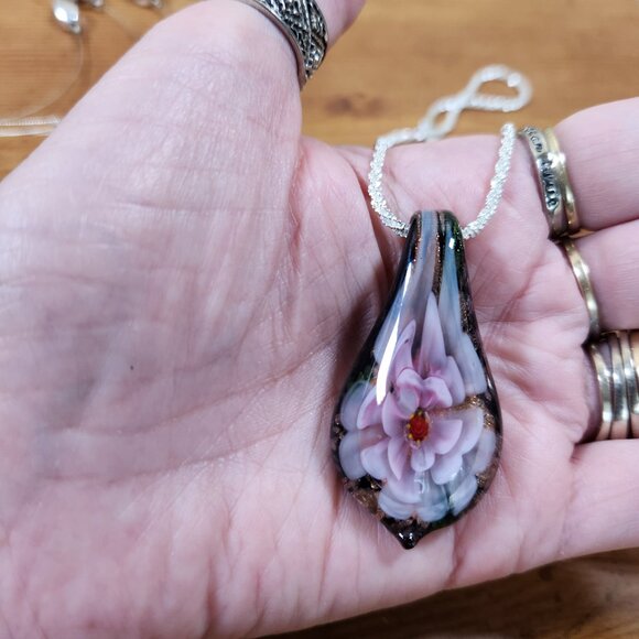 New Womens Murano Glass Blown Flower Blossum Necklace 4 in 1 - Picture 3 of 4